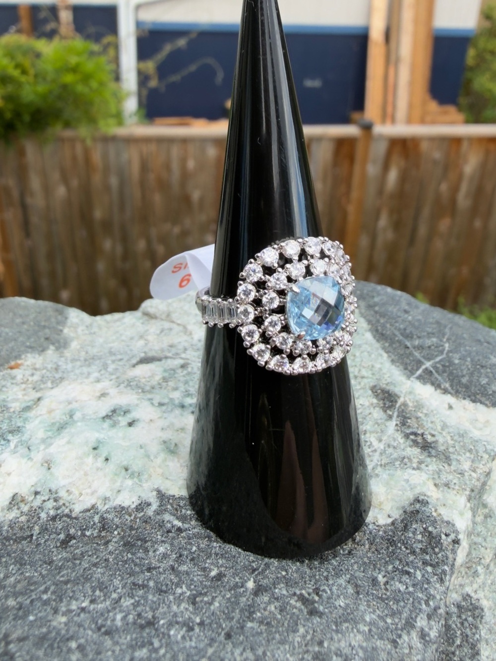 The Celeste Ring Aquamarine Cubic Zirconia Double Halo Statement Ring - Picture 6 of 10